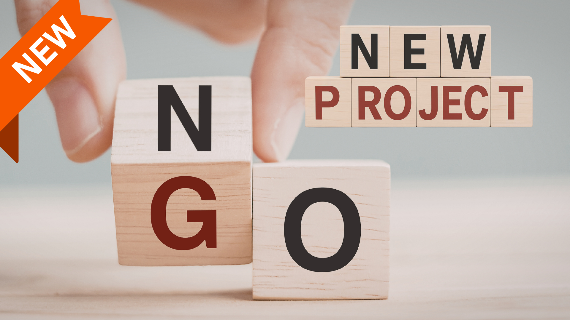 Dłoń układa drewniane klocki z literami tworzącymi napis ‘NGO’, obok widoczny jest napis ‘NEW PROJECT’ z mniejszych klocków oraz pomarańczowa etykieta ‘NEW’ w rogu grafiki.